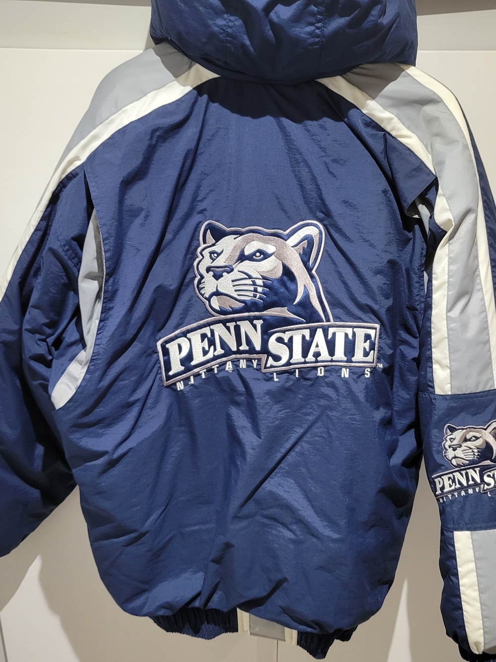 STARTER Penn State Men's LARGE Blue And Gray Winter Jacket Quilted Embroidered